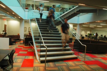 students walking downstairs